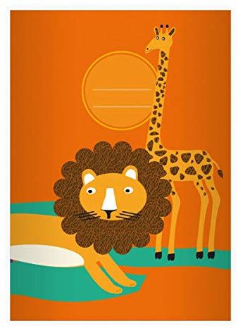 Kartenkaufrausch 16 Retro Afrika Wildtier DIN A5 Schulhefte, Schreibhefte mit Löwe und Giraffe, orange Lineatur 4 (liniertes Heft 16 Blatt/32 Seiten) Notizheft, Kladde für Schule, Uni, Büro