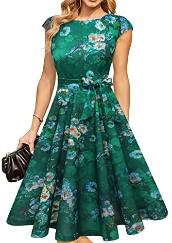 DRESSTELLS Cocktailkleid Damen Elegant 1950er Knielang Rockabilly Hochzeitkleid Abendkleid Kurz Vintage A-Line Swing Festlich Midilang Sommer Kleid Green Flower M