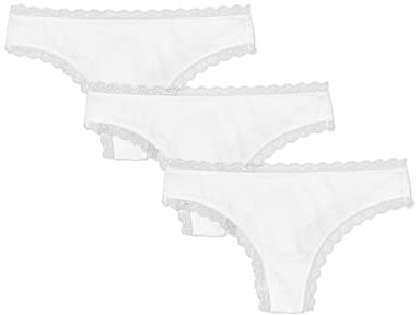 Snocks Tanga Damen mit Spitze aus Bio-Baumwolle 3er Pack - String Damen Klassisches Design - Angenehmes Tragegefühl ohne Einschneiden - Unsichtbare Unterwäsche - Weiß - M