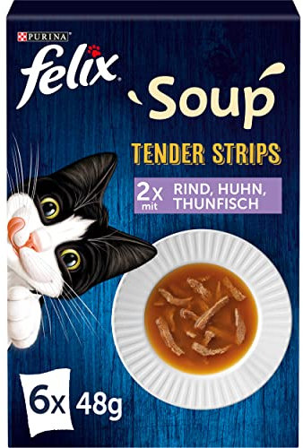 FELIX Soup Tender Strips, Suppe für Katzen, Gemischte Vielfalt, 8er Pack (8 x 6 à 48g)