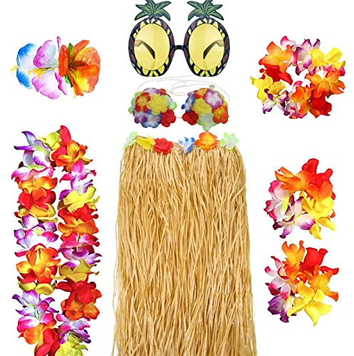 HBell Lot de 8 jupes hawaïennes jupe en herbe hawaïenne haut de bikini à fleurs ananas pour adultes fournitures de déguisement Luau fête été plage décorations de fête tropicales (couleur paille)