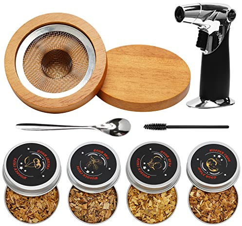 Kit de Fumeur de Cocktail, Fumeur à l'ancienne avec 4 copeaux de Bois et Torche, Le Whisky, Les Cocktails, Le café, Le Bourbon,Vin, Whisky, Café, Infuser Fromage, Viande