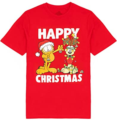 Garfield Christmas T-Shirt Mens | Adults Red Short Sleeve Festive Top | Movie Comic Strip Xmas Gift for Him