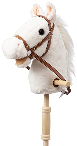 BEJOY Steckenpferd Kinder Spielzeug Pferd 91cm, Hobby Pferd Holzpferd Plüschpferd zum Reiten mit echten Pony Wiehern und Galoppgeräusch, Kuschelpferd Weiß (AA-Batterien erforderlich)