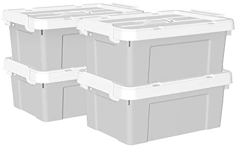 Cetomo 20 l x 4 Kunststoff-Aufbewahrungsbox, Tragetasche, Organisationsbehälter mit robustem Deckel und sicheren Verriegelungsschnallen, stapelbar und stapelbar, 4 Stück, grau mit Schnalle