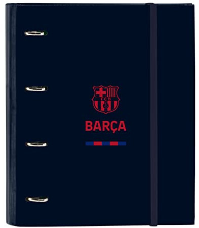 Safta F.C. BARCELONA Corporativa - Carpeta 4 Anillas de 35 cm con 100 Hojas A4, Ideal para Niños de Diferentes Edades, Cómoda y Versátil, Calidad y Resistencia, 27x3.5x32 cm, Color Azul marino