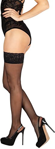 BANANALU 20 Den halterlose Strümpfe Spitzenbund 9 cm Blumenmuster sexy Overkniestrümpfe Flirt 20 Nero 4XL