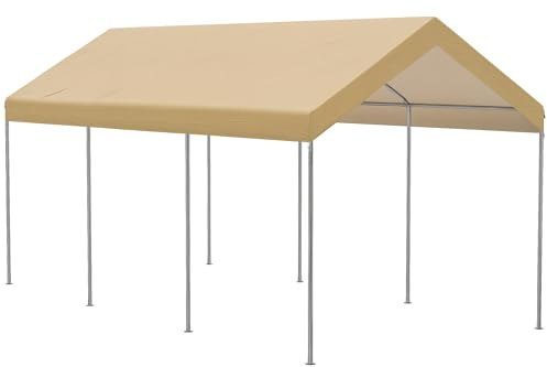 Outsunny Tendone da Giardino ad Altezza Regolabile in Acciaio e PE per Auto Piccole e Medie con Picchetti e Funi Incluse, 600x295x265-310 cm, Beige