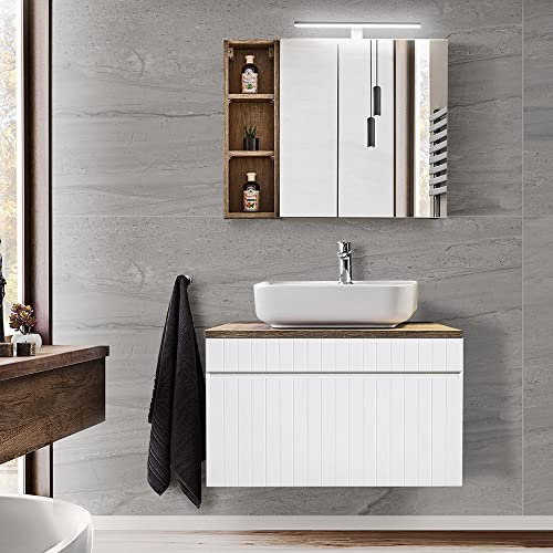 Lomadox Badezimmer Badmöbel Set Waschtischunterschrank mit Keramik Waschbecken, Regal, LED Spiegelschrank, weiß matt mit Vintage Eiche Nb., B/H/T: ca. 80,4/200/46 cm
