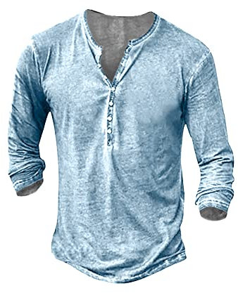 Beotyshow Hemd Herren Langarm Henley Shirt Männer Freizeithemd Vintage Casual Leicht Baumwolle Slim Fit T-Shirt Azurblau M