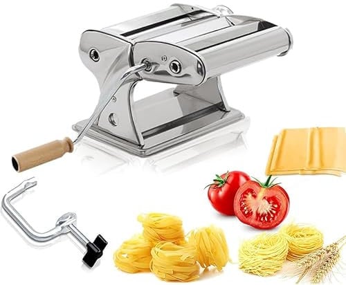 Virsus Macchina Pasta con Trafile staccabili 263, Rulli in Acciaio da 150 mm, 9 spessori regolabili da 0,5mm a 3mm, manovella e morsetto, 2 tagliapasta per pasta fresca, ravioli, lasagne, tagliatelle