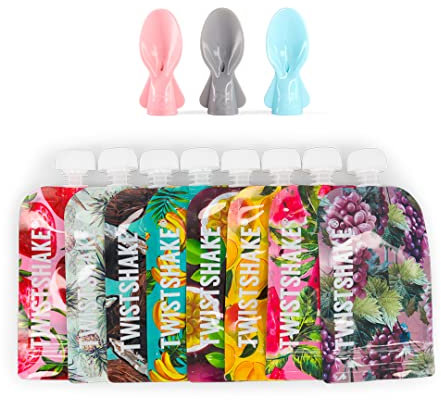 Baby Food Pouches 100ml + Spoon - Set of 8 | Reusable Double Zip Baby Food Bag | BPA Free Fill n Squeeze Baby Weaning Pouch | Leak-Proof Squeeze Pouch | Freezer Safe | Fruit Design