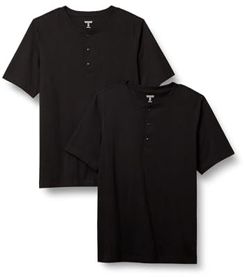Amazon Essentials Herren Kurzärmliges Henley-T-Shirt aus Baumwolle mit normaler Passform, 2er-Pack, Schwarz, L