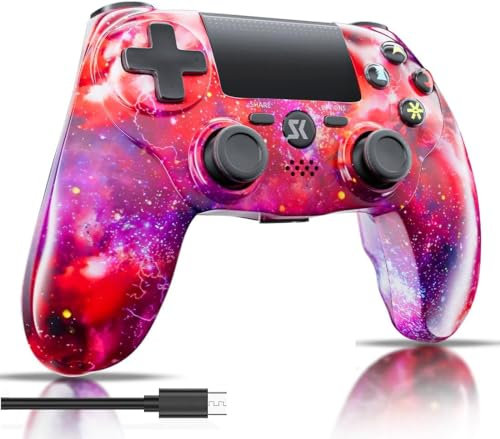 Manette Sans Fil pour PS4, Multiplateforme Manette Compatible avec PS4/Pro/Slim/PC/iOS/Android/MacOS avec Double Vibration/Capteur de Mouvement 6 Axes/Prise Audio 3,5 mm/Pavé Tactile Sensibl (Rouge)