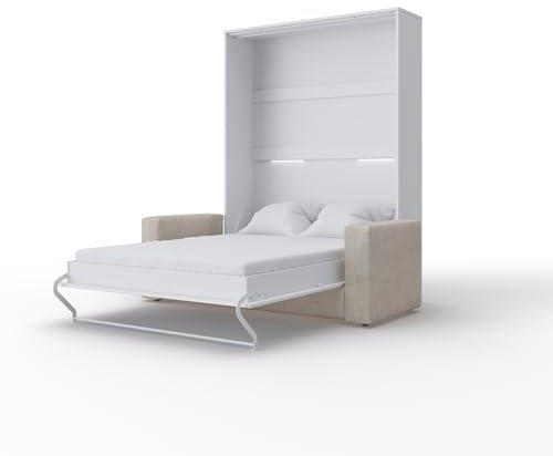 MAXIMAHOUSE Schrankbett vertikale mit Sofa, Invento LED 140V mit Lattenrost aus Holz, Wandklappbett 140x200 Erwachsene, Weiss Hochglanz, modern Concept und Design (Weiss/Weiss Glanz + beiges Sofa)