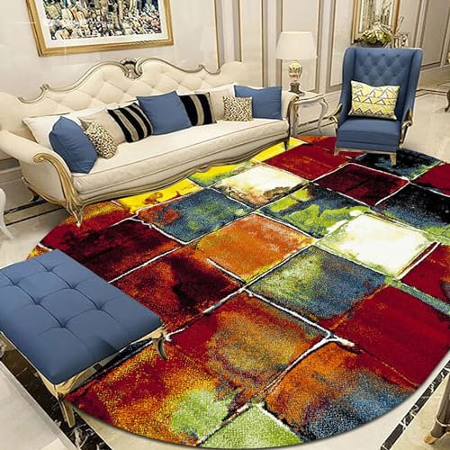 QJDTZMD Teppich Schlafzimmer Abstraktes mehrfarbiges quadratisches Ölgemälde in Gelb, Rot, Grün, Gelb, oval, 160 x 230 cm für Wohnzimmer Küche Bodenmatten Teppiche