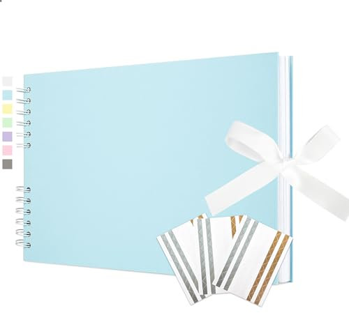 Vienrose Fotoalbum zum Selbstgestalten und Einkleben 21,5 x 29 cm, DIY Scrapbook Album mit 100 weißen Seiten für 200 10x15 Fotos, Spiralalbum für Baby, Hochzeit und Geburtstag, Hellblau