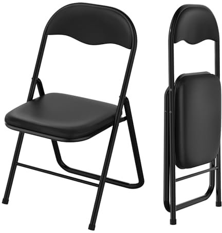 HAMHAIGO 2er Bequemer Klappstuhl Küche Leder Klappstühle Besucherstuhl mit Dünnes Kissen Klappbare Esszimmerstühle sind geeignet für Küche, drinnen, draußen, Konferenzraum Schwarz