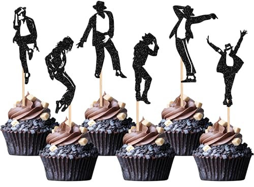 Xsstarmi 24 Packung Dance King Jackson Cupcake-Topper glitzernd Jazz-Stepptanz Cupcake-Picker Forever God Art Tanz-Kuchen-Dekorationen für Tanz-Motto Musik Geburtstagsparty-Zubehör Schwarz