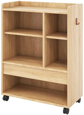 CASART Rolling End Table, Narrow Sofa Side Table with Wheels, Open Shelves & Drawer, Wooden Bedside Table Storage Cabinet for Living Room Bedroom Office (Natural)