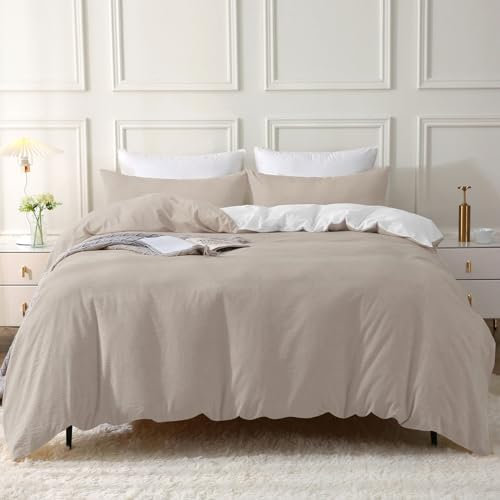 SOULFUL Housse de Couette 220x240 Coton, Camel Foncé Ensembles de Housse de Couette avec Fermeture Éclair, 100% Coton Lavé, Texture Lin, Parure de Lit 220x240 Coton avec 2 Taie d'oreiller 65x65 cm