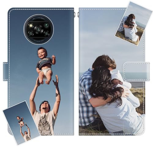 JGOYGYI Personalisierte Leder Handyhülle kompatibel mit Xiaomi Poco X3/X3 Pro/X3 NFC,Individuelle Eigenem Foto Bild Text Bildern Foldable Flip Klapphüllen Case hülle+Handykette