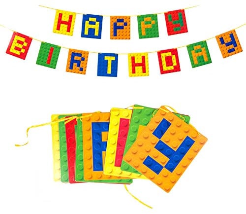 Bausteine - Geburtstagsgirlande - Happy Birthday Girlande für Kindergeburtstag, Party Deko für Jungen und Mädchen, Geburtstagsdeko, Geburtstagsparty Banner Wimpelkette