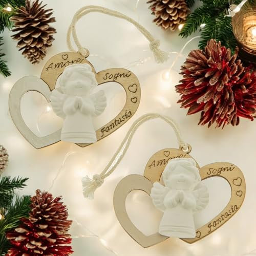 Doni Bomboniere Pack of 12 Wooden Christmas Angel Hanger with Heart DIY Christmas Decorations Christmas Tree Decorations Gift Box Original Engraving Cheap Family Gadgets