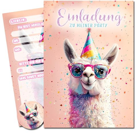 Vielucks 15 x Filmgenre Einladungskarten -DIN A6- Original - mit Aufkleber,Einladungskarten Kindergeburtstag Mädchen Junge,Geburtstagseinladungen,Party deko,Einladung Einschulung (Party-Lama)
