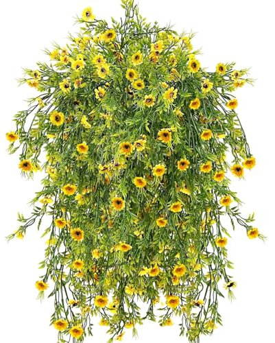 Daily Treasures 4Pcs Artificial Hanging Flowers Outdoor - Fake Daisy Hanging Baskets Artificial Flowers Bouquet,78cm Fake Hanging Plants for Garden Wall Fence Balcony Home Door Decoration (Yellow)