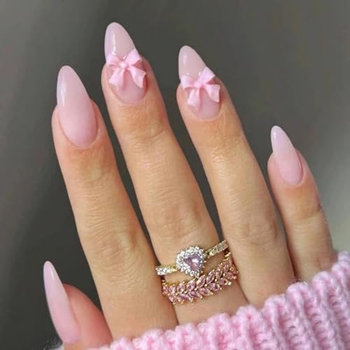 French Press on Nails - 24Pcs Almond French False Nails - False Nails with Bow - Oval Stick on Nails with Nail Glue, Nail Tips for Women Girls Nails Art