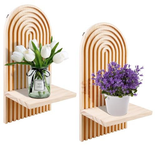 Lot de 2 Étagère Murale, Étagères Flottantes, Etagères Murales, en Boho, Décoratif en Bois pour Étagère Murale sans Percage Étagère Flottante en Bois De Chêne Massif, pour Salon, Cuisine, Chambre