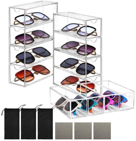 SHAIDOJIO 3PCS Acrylic Sunglasses Storage, Transparent Sunglasses Organiser with 4 Drawers, Stackable Glasses Display Case with 3 Eyeglasses Cleaning Cloths and 3 Glass Pouch, Storage Box for Glasses