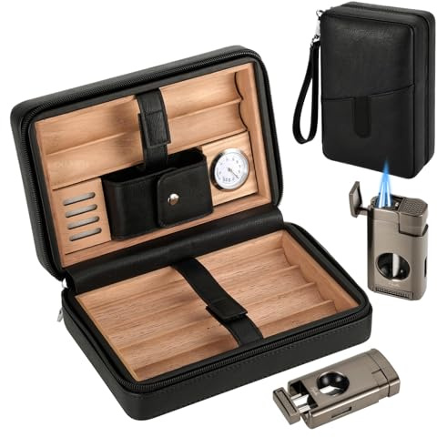 Cave à cigares de voyage en cuir doublé de bois de cèdre, capacité de 6 cigares, hygromètre et humidificateur intégrés, trousse de voyage portable (sans cigares), Noir/blanc, Portable