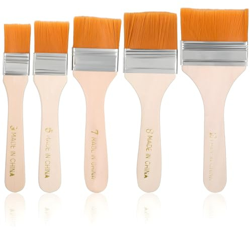 Tyqour 5 Stück Flachpinsel Set Lackpinsel mit Holzstiel Malerpinsel Klein Lasurpinsel Pinselset Malenpinsel Flachpinsel Nylonbürste Ölmalpinsel für Malerei Aquarell Acryl Gouache(20/30/40/50/60mm)