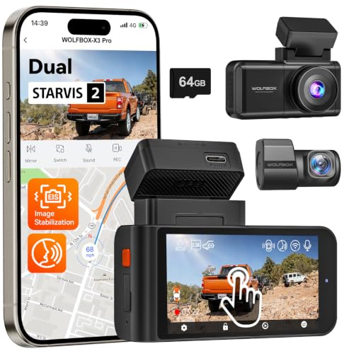 WOLFBOX X3 PRO Dashcam Auto, Dual 5MP STARVIS 2 IMX 675, 1440P 60FPS+1440P ADAS Dashcam Auto Vorne Hinten, Bildstabilisierung mit 5.8GHz WiFi, Sprachsteuerung & Touchscreen, 64GB Karte & GPS Inklusive
