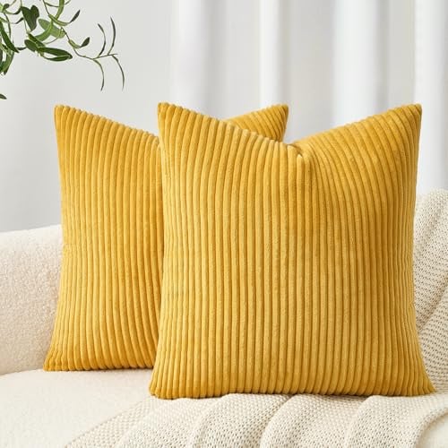 Topfinel Kissenbezug 80x80 Gelb Kordsamt 2er Set Gestreiftes Muster Kissenbezüge Kissenhülle Dekokissen Sofakissen Couchkissen Dekokissen Zierkisse