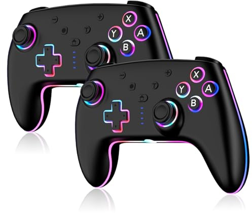 Riscvma 2pcs Manette pour Switch/Switch 2/Lite/OLED/PC, Manette Sans Fil pour Switch avec éclairage RGB à 7 Couleurs Changeantes/Double Vibration/Gyroscope 6 Axes/Turbo, Joystick de Ergonomique