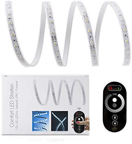 5 Meter Kaltweißer High Power LED Streifen (60 x 5730 SMD Led/m, 1800lm/m, IP67, 12V) - inkl. Controller, Funkfernbedienung und Netzteil