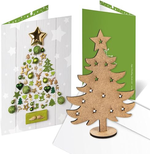 Logbuch-Verlag 3 Weihnachtskarten mit Kuvert & Geschenk - kleiner Baum aus Holz – besondere Grußkarte zu Weihnachten