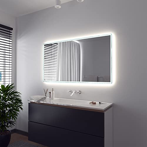 SARAR Badspiegel Spiegel Badezimmerspiegel mit schmaler rundum LED-Beleuchtung 140x60 cm Made in Germany eckiger Wandspiegel Mirror Spiegel Bad mit Licht Vittoria