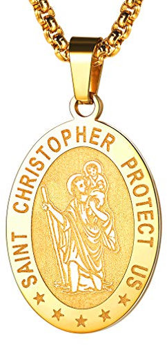 FaithHeart Heiliger Christophorus Anhänger Kette, goldener Ovaler Christopher Anhänger für Herren, Religöser Beschützer Talisman mit Geschenkebox für Auto