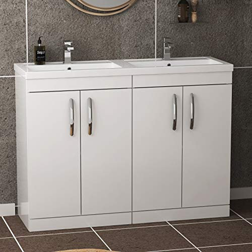 1200mm Floor Standing Bathroom Vanity Unit Double Basin 4 Doors Storage Cabinet Furniture - Gloss White