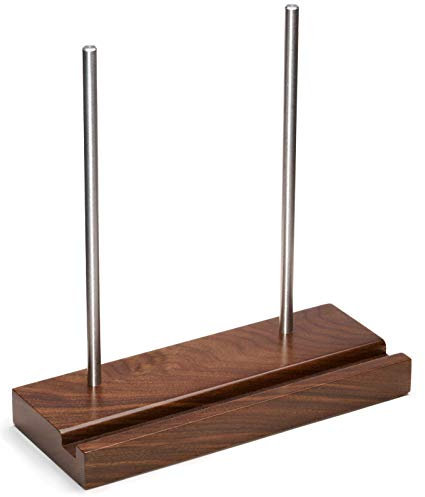 Optage Audio Espositore da tavolo per dischi in vinile, moderno e attraente, in legno duro scolpito e acciaio inossidabile, tiene saldamente 2 LP apribili spessi, color noce