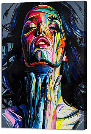 Gemalte Frau Leinwandbild, Wandkunst, Banksy-Graffiti-Street-Kunst, moderne Dekoration für Wohnzimmer, bunte Pop-Art-Bilder, gespannt und gerahmt, Giclée-fertig zum Aufhängen, 61 x 91,4 cm