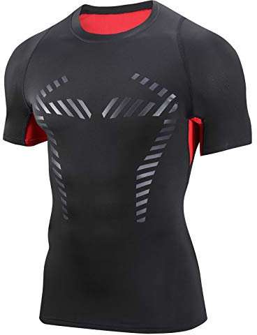 AMZSPORT Herren Kompressionsshirt Kurzarm Funktionsshirt Atmungsaktives Sportshirt Laufshirt，Rot L
