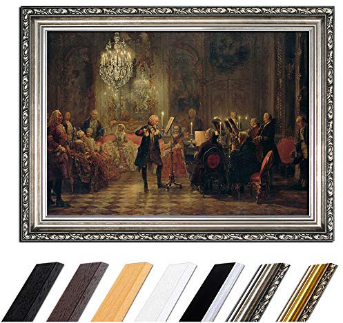 Bild mit Rahmen - Adolph von Menzel Flötenkonzert Friedrichs des Großen in Sanssouci 50x40 cm - Gerahmtes Leinwandbild Alte Meister - Antiker Rahmen Silber Barock, Klassisch