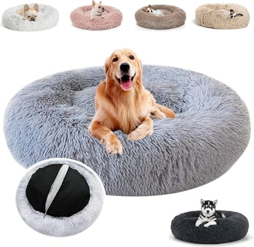 JRUI Kuscheliges Hundebett Rund Hundekissen Flauschig Katzenbett, Bezug abnehmbar und Maschinenwaschbar, Donut Plüsch Warme Kuschelkissen Hundekörbchen für Mittelgroße und Große Hunde, Grau