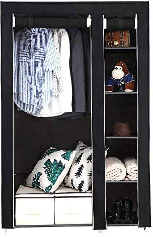 YJIIJY Kleiderschrank, Stoffschrank, Faltschrank mit Kleiderstange, 172×105×43cm, Schwarz