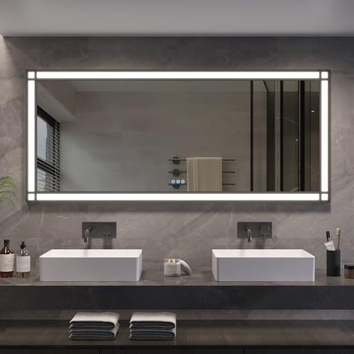 AQUABATOS Groß Badspiegel mit Beleuchtung Schwarzer Rahmen Fensteroptik 160x70cm, Badezimmerspiegel Beleuchtet Beschlagfrei Led Bad Spiegel mit Touch-Schalter, 3 Lichtfarben Dimmbar